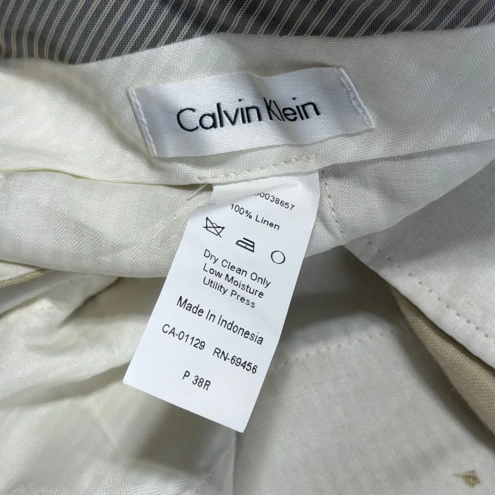 Calvin Klein Dress Pants Mens 38Rx33 Tan 100% Linen Flat Front Straight Leg